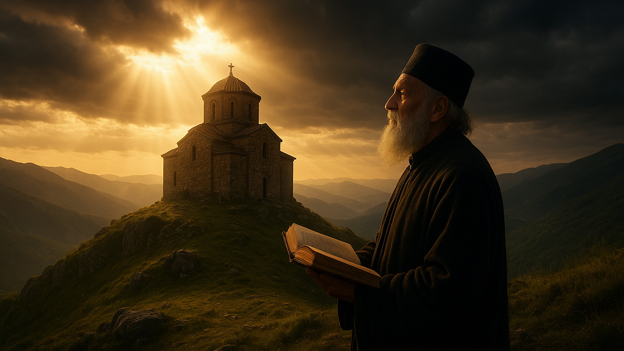 България и християнските ценности - църква на хълм и свещеник